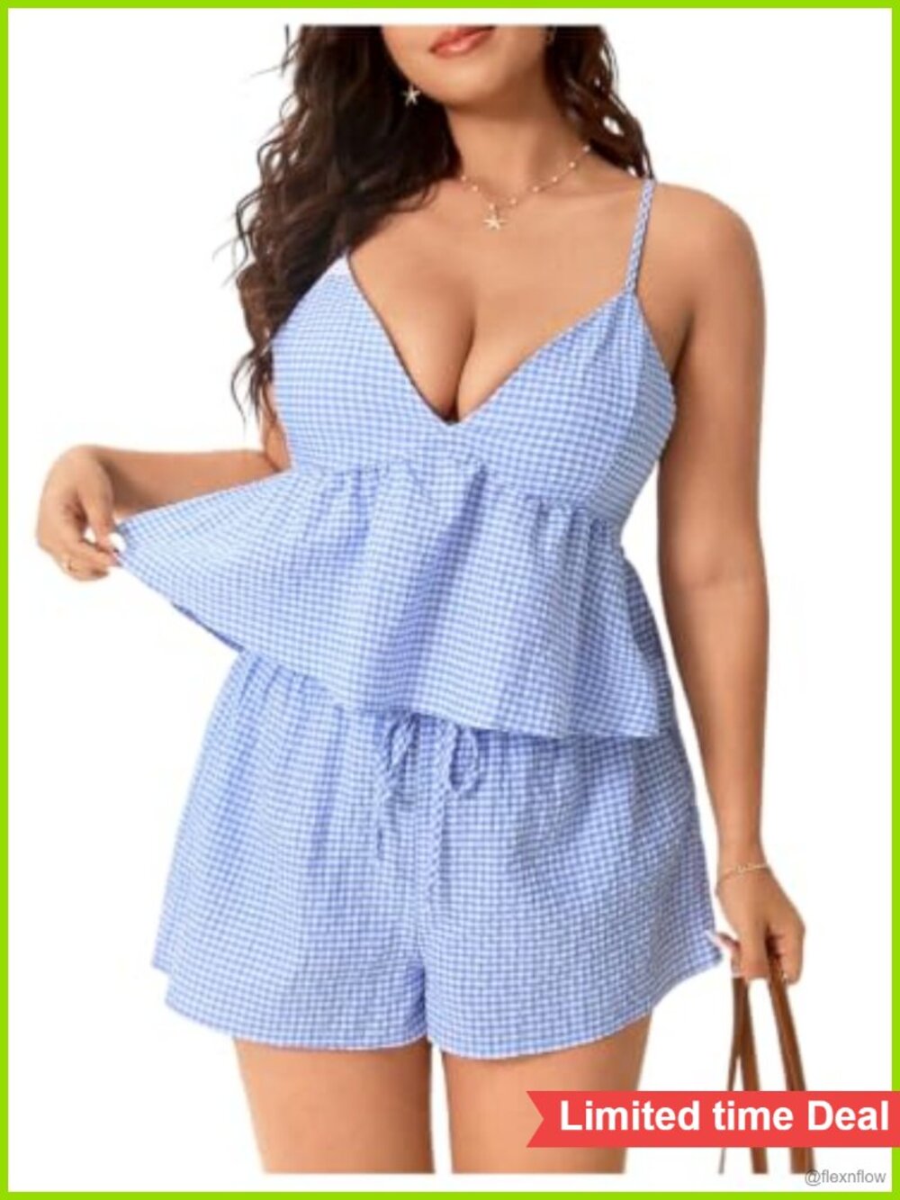 Plus Size Gingham Peplum Top Shorts Set Bow Tie Backless